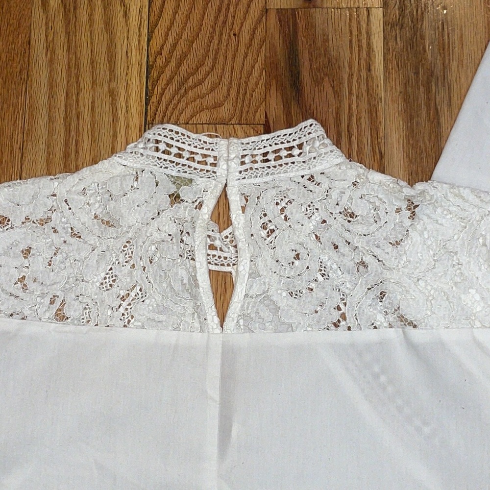 Worthington Chocker 3/4 Sleeve White lace cotton Mock Neck Shirt Petite M PM - Picture 6 of 17